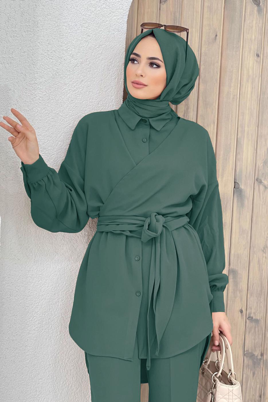 Tesettür giyim YEŞİL BELDEN BAĞLAMALI İKİLİ PANT. TAKIM 5120 