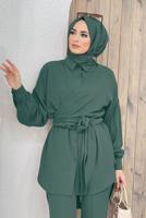 Tesettür giyim YEŞİL BELDEN BAĞLAMALI İKİLİ PANT. TAKIM 5120 
