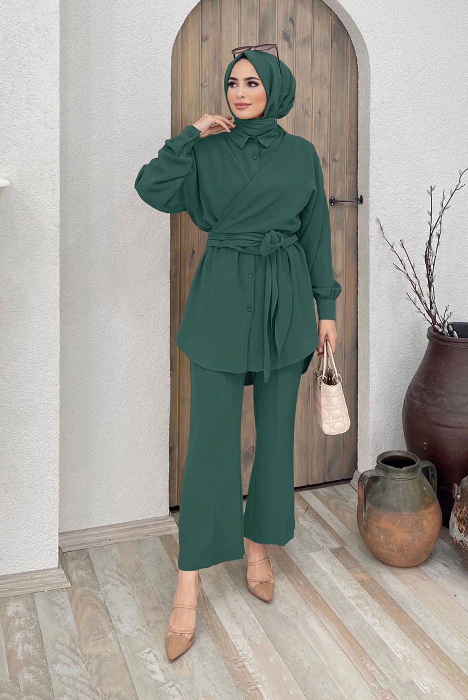 Tesettür giyim YEŞİL BELDEN BAĞLAMALI İKİLİ PANT. TAKIM 5120 