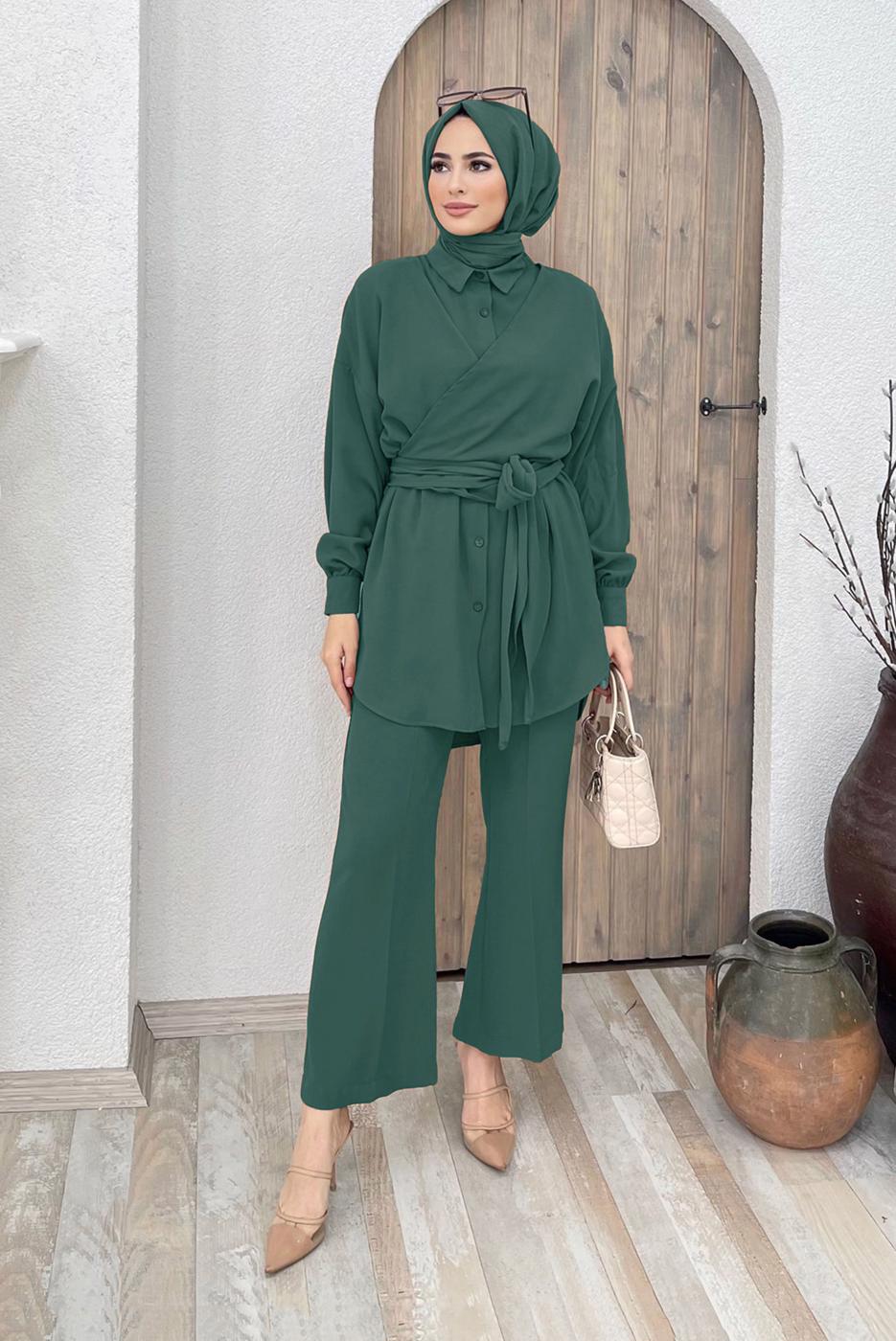 Tesettür giyim YEŞİL BELDEN BAĞLAMALI İKİLİ PANT. TAKIM 5120 