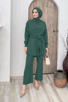 Tesettür giyim YEŞİL BELDEN BAĞLAMALI İKİLİ PANT. TAKIM 5120 