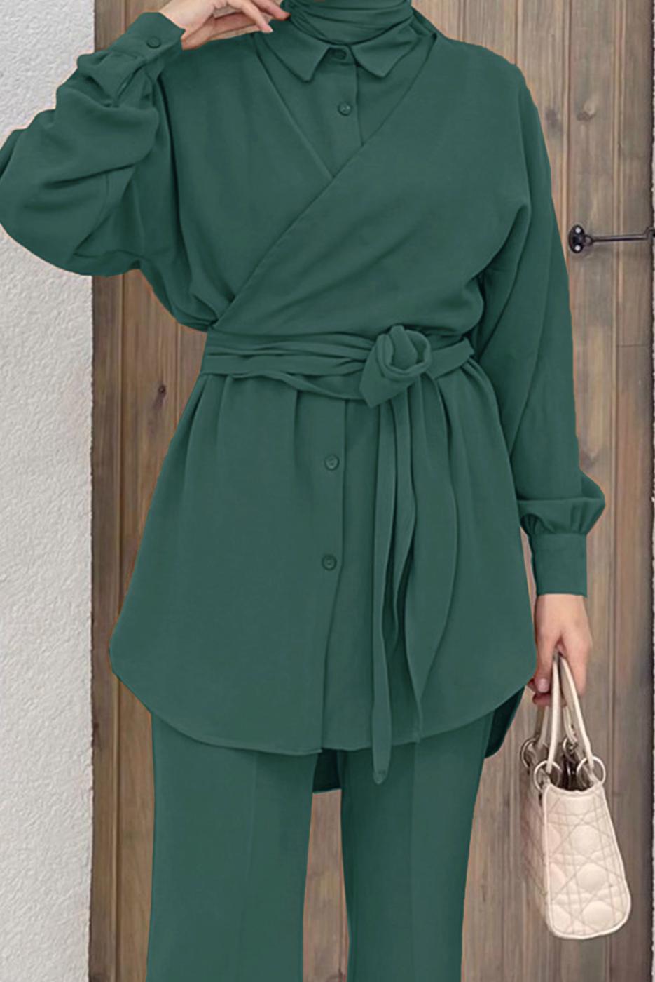 Tesettür giyim YEŞİL BELDEN BAĞLAMALI İKİLİ PANT. TAKIM 5120 
