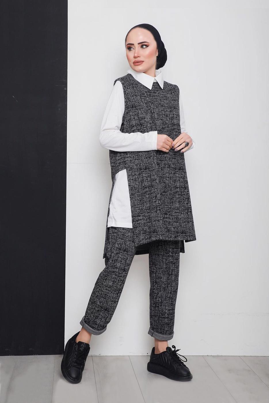 Tesettür giyim GRİ KIŞLIK ÜÇLÜ PANT. TAKIM 5496