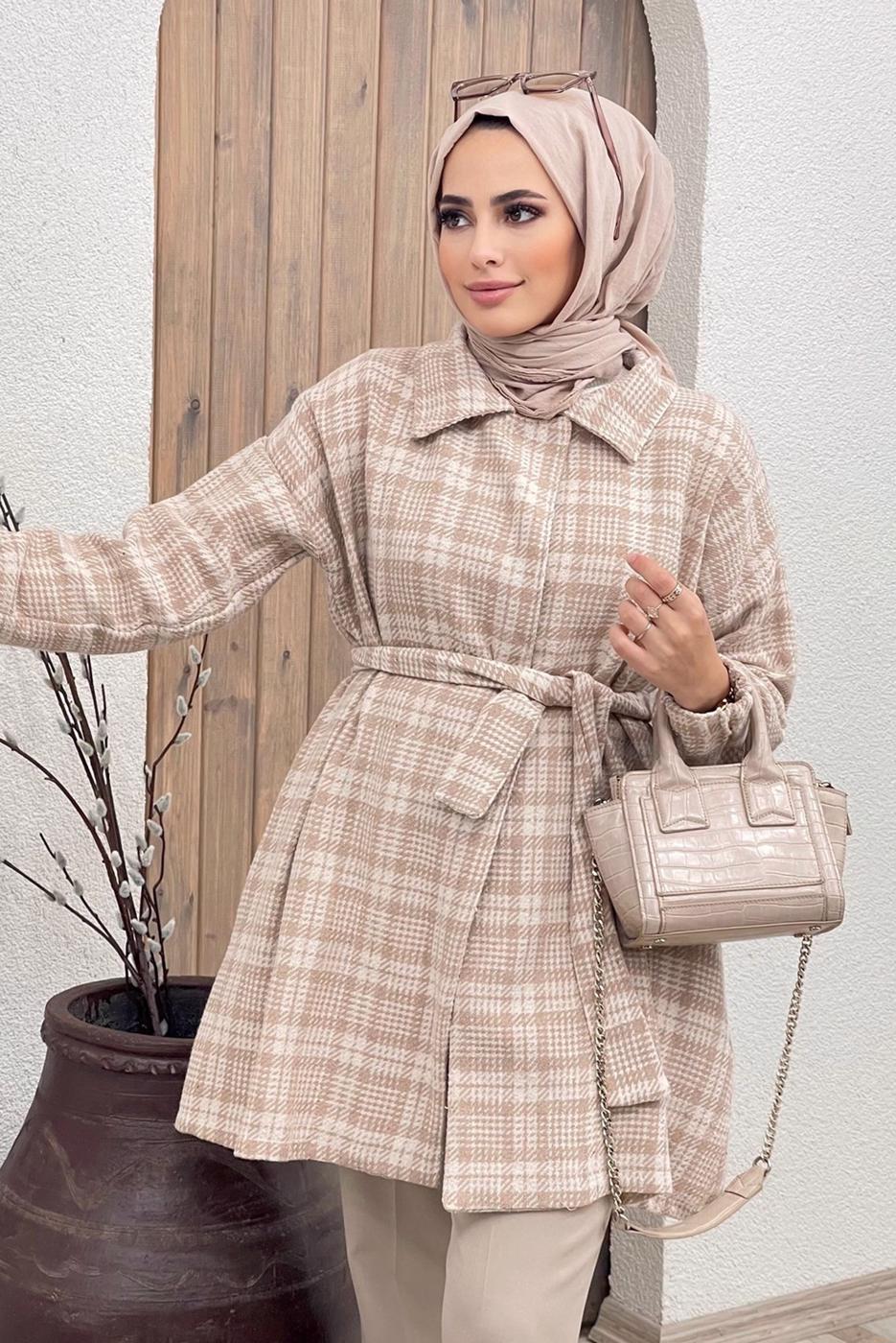 Tesettür giyim BEJ KEMERLİ EKOSE İKİLİ PANT. TAKIM 5520	