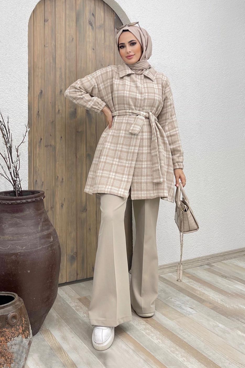 Tesettür giyim BEJ KEMERLİ EKOSE İKİLİ PANT. TAKIM 5520	