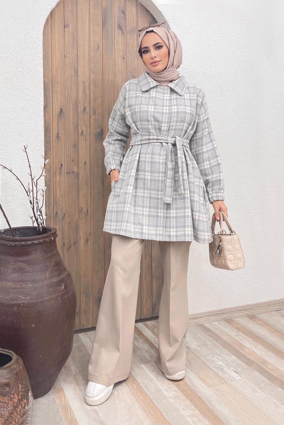 Hijab clothing GREY BELTED CHECKED 2-PIECE PANT SUIT 5520 