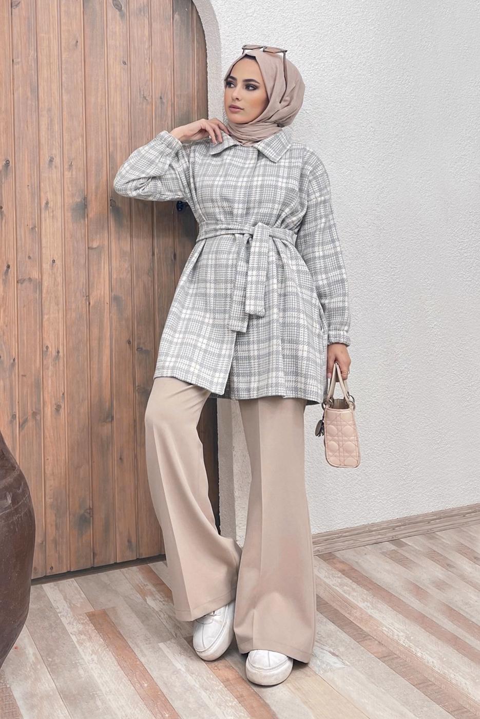 Hijab clothing GREY BELTED CHECKED 2-PIECE PANT SUIT 5520 