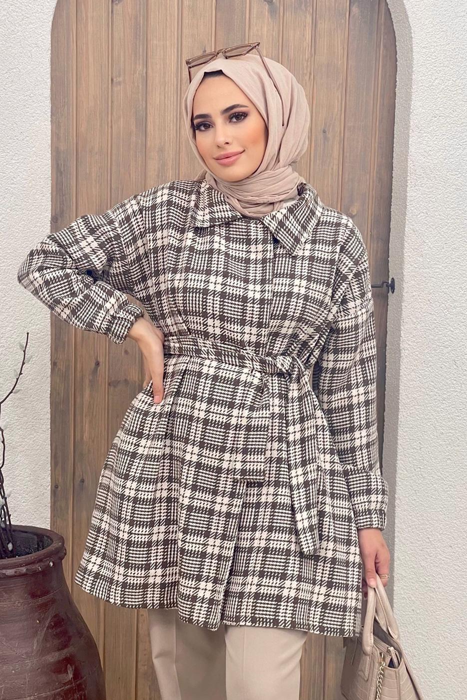 Tesettür giyim VİZON KEMERLİ EKOSE İKİLİ PANT. TAKIM 5520	