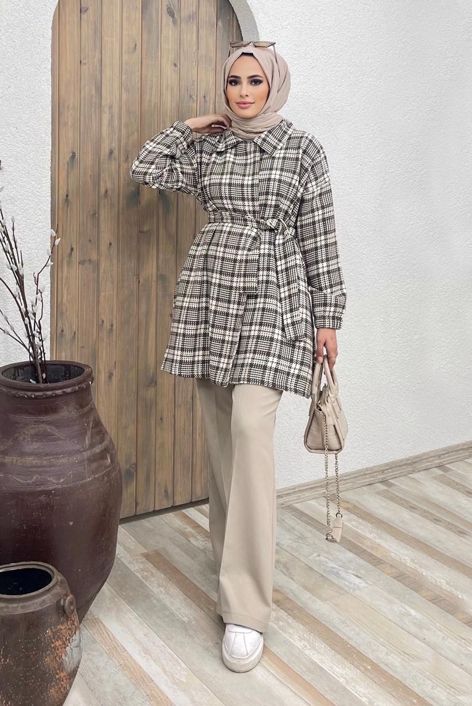 Tesettür giyim VİZON KEMERLİ EKOSE İKİLİ PANT. TAKIM 5520	