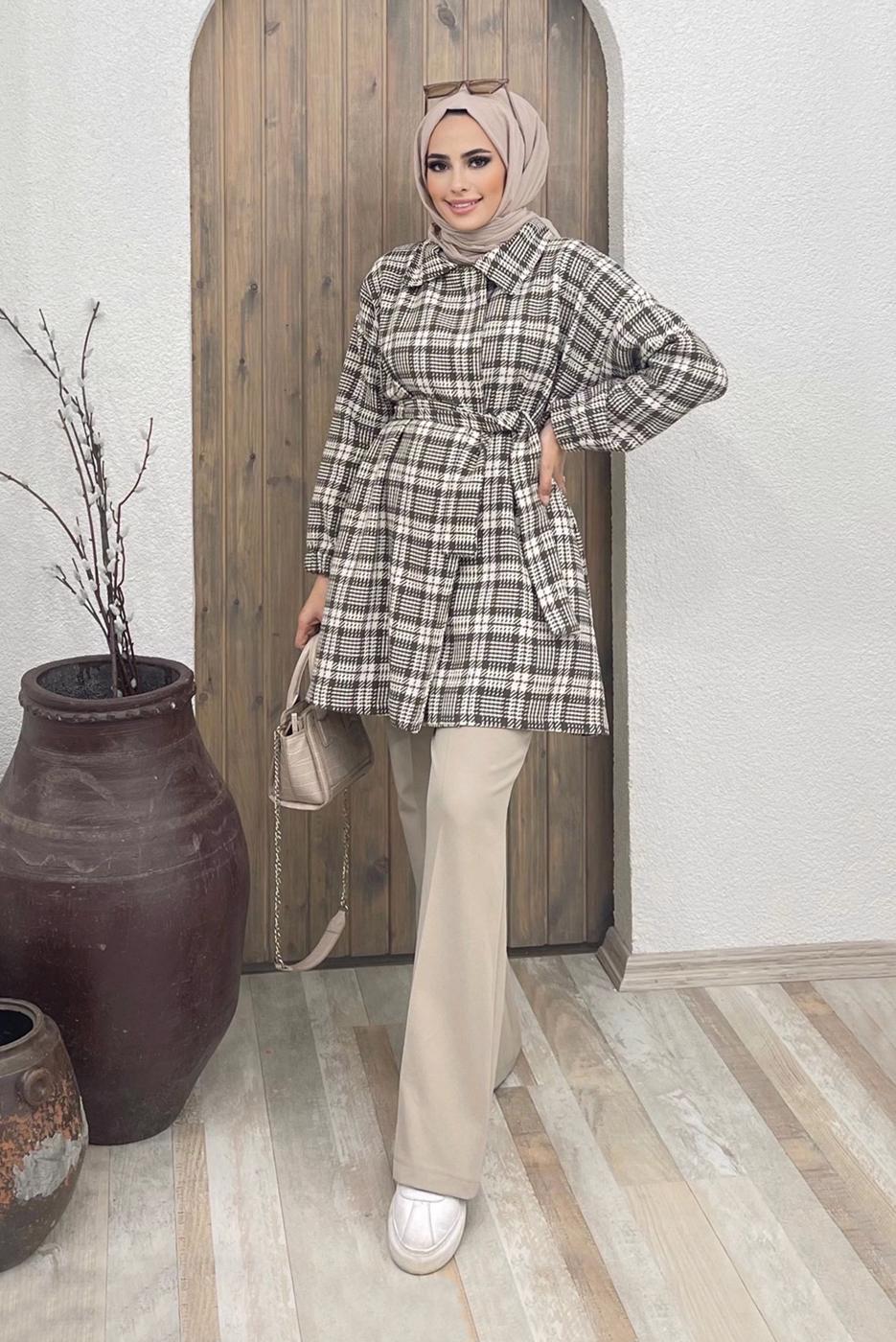 Tesettür giyim VİZON KEMERLİ EKOSE İKİLİ PANT. TAKIM 5520	