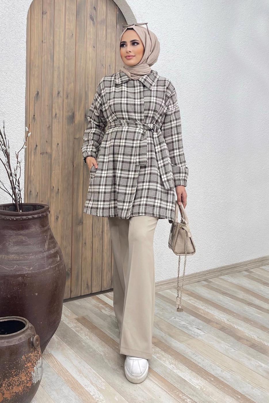 Tesettür giyim VİZON KEMERLİ EKOSE İKİLİ PANT. TAKIM 5520	