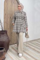 Tesettür giyim VİZON KEMERLİ EKOSE İKİLİ PANT. TAKIM 5520	