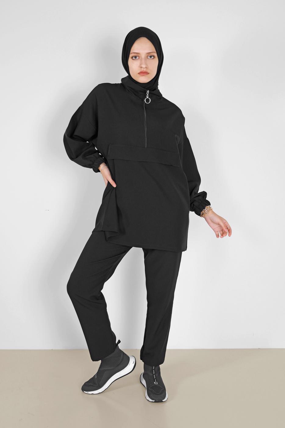Tesettür giyim SİYAH MANŞETLERİ LASTİKLİ FERMUARLI İKİLİ PANT. TAKIM 6020 
