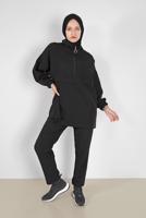 Tesettür giyim SİYAH MANŞETLERİ LASTİKLİ FERMUARLI İKİLİ PANT. TAKIM 6020 