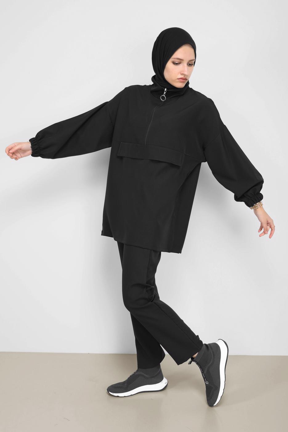 Tesettür giyim SİYAH MANŞETLERİ LASTİKLİ FERMUARLI İKİLİ PANT. TAKIM 6020 