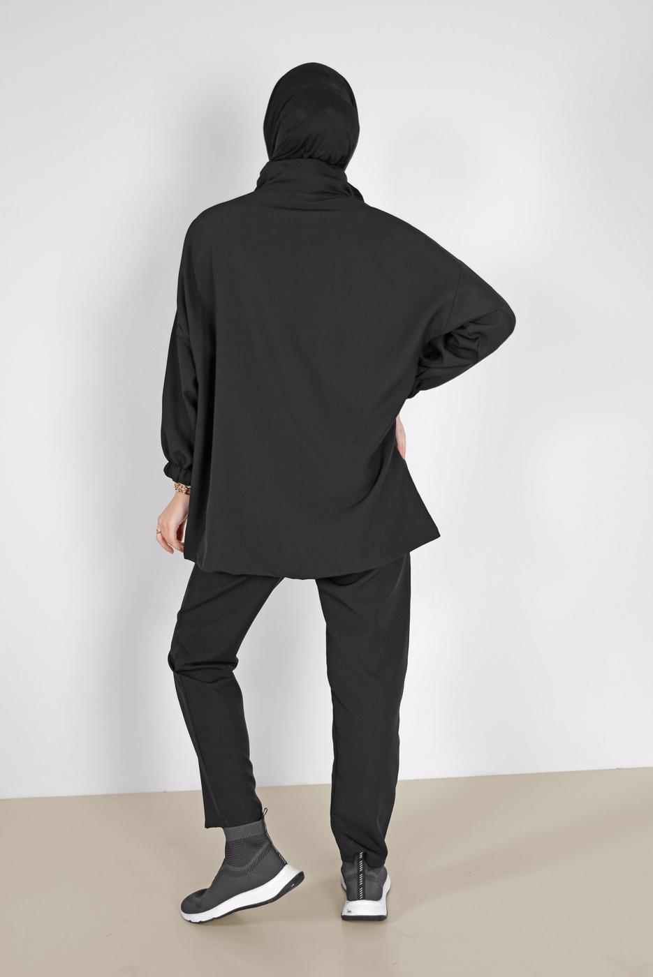 Tesettür giyim SİYAH MANŞETLERİ LASTİKLİ FERMUARLI İKİLİ PANT. TAKIM 6020 