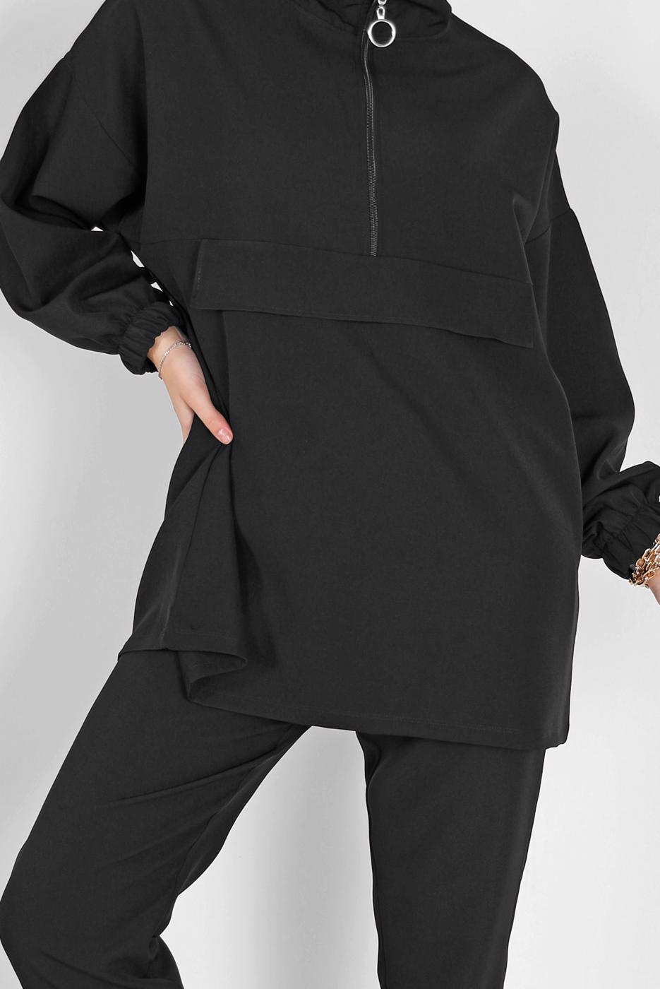 Tesettür giyim SİYAH MANŞETLERİ LASTİKLİ FERMUARLI İKİLİ PANT. TAKIM 6020 