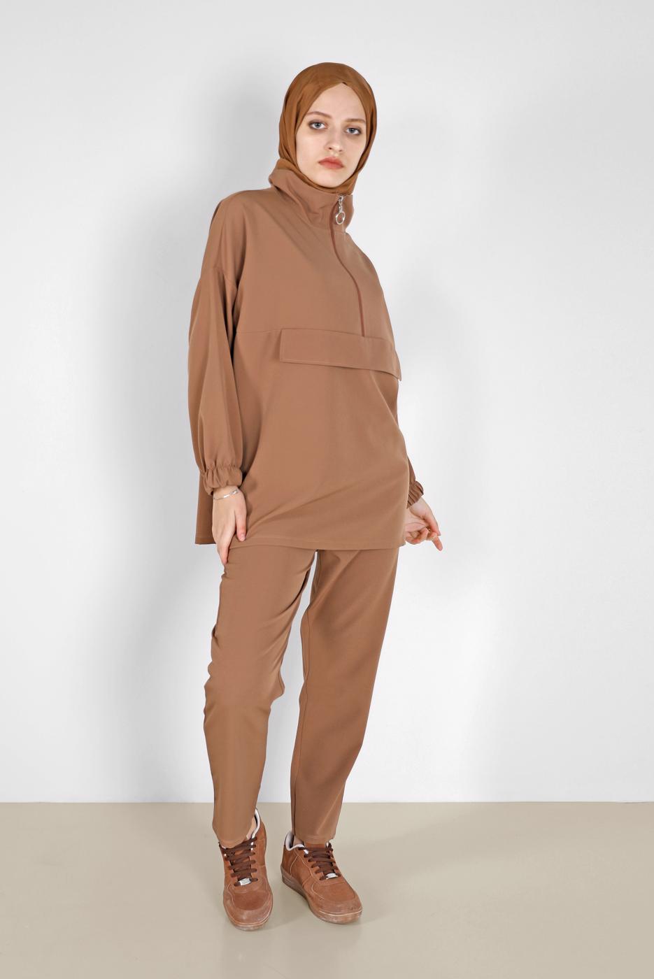 Vêtements hijab BRUN COSTUME PANTALON 2 PIÈCES ZIPPÉ AVEC POIGNETS ÉLASTIQUES 6020