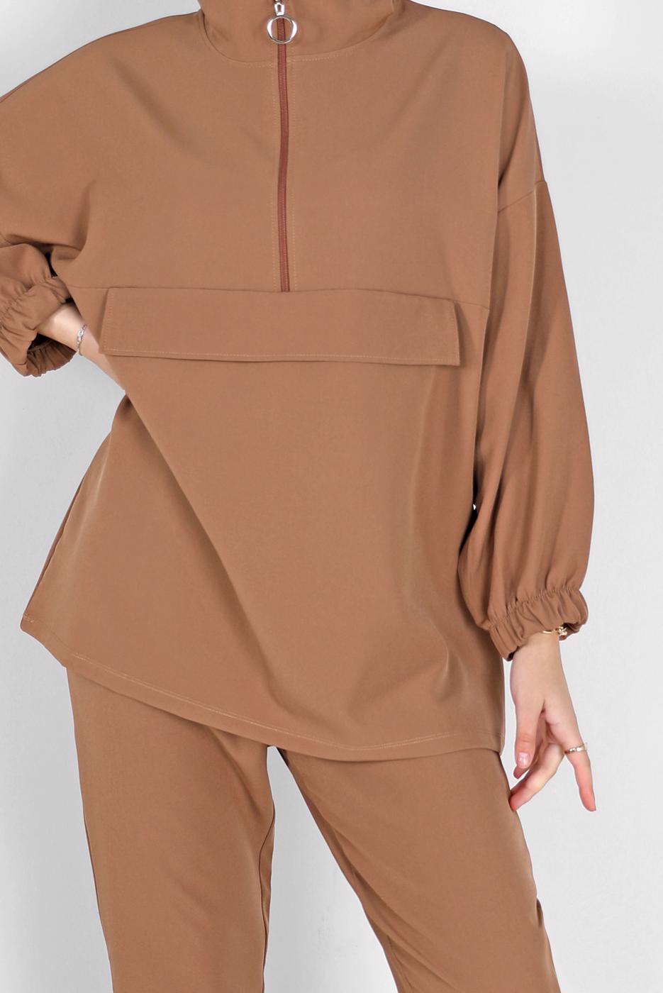 Hijab clothing BROWN ZIPPERED 2-PIECE PANTS SUIT WITH ELASTIC CUFFS 6020 