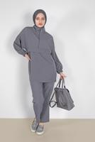 Tesettür giyim GRİ MANŞETLERİ LASTİKLİ FERMUARLI İKİLİ PANT. TAKIM 6020 