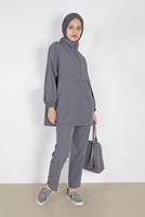 Tesettür giyim GRİ MANŞETLERİ LASTİKLİ FERMUARLI İKİLİ PANT. TAKIM 6020 