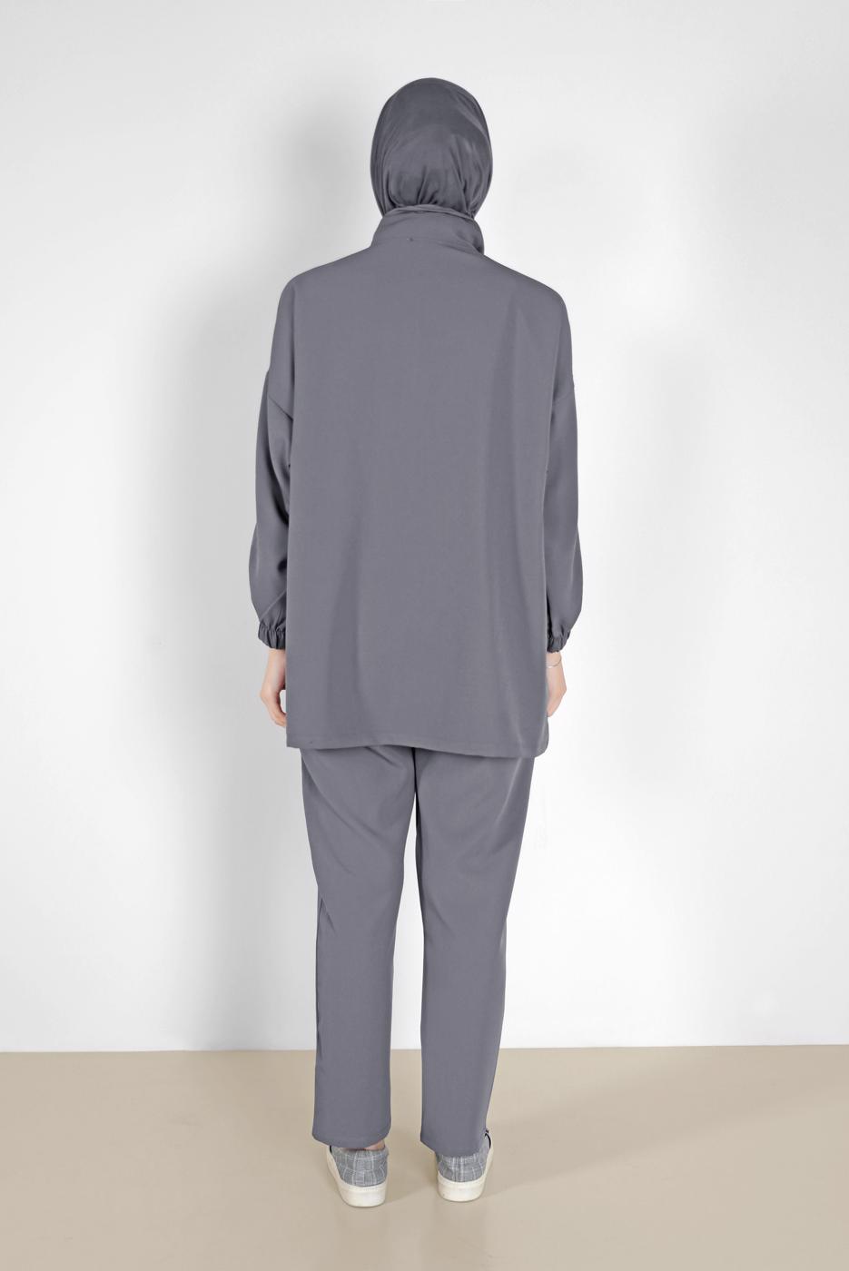 Tesettür giyim GRİ MANŞETLERİ LASTİKLİ FERMUARLI İKİLİ PANT. TAKIM 6020 