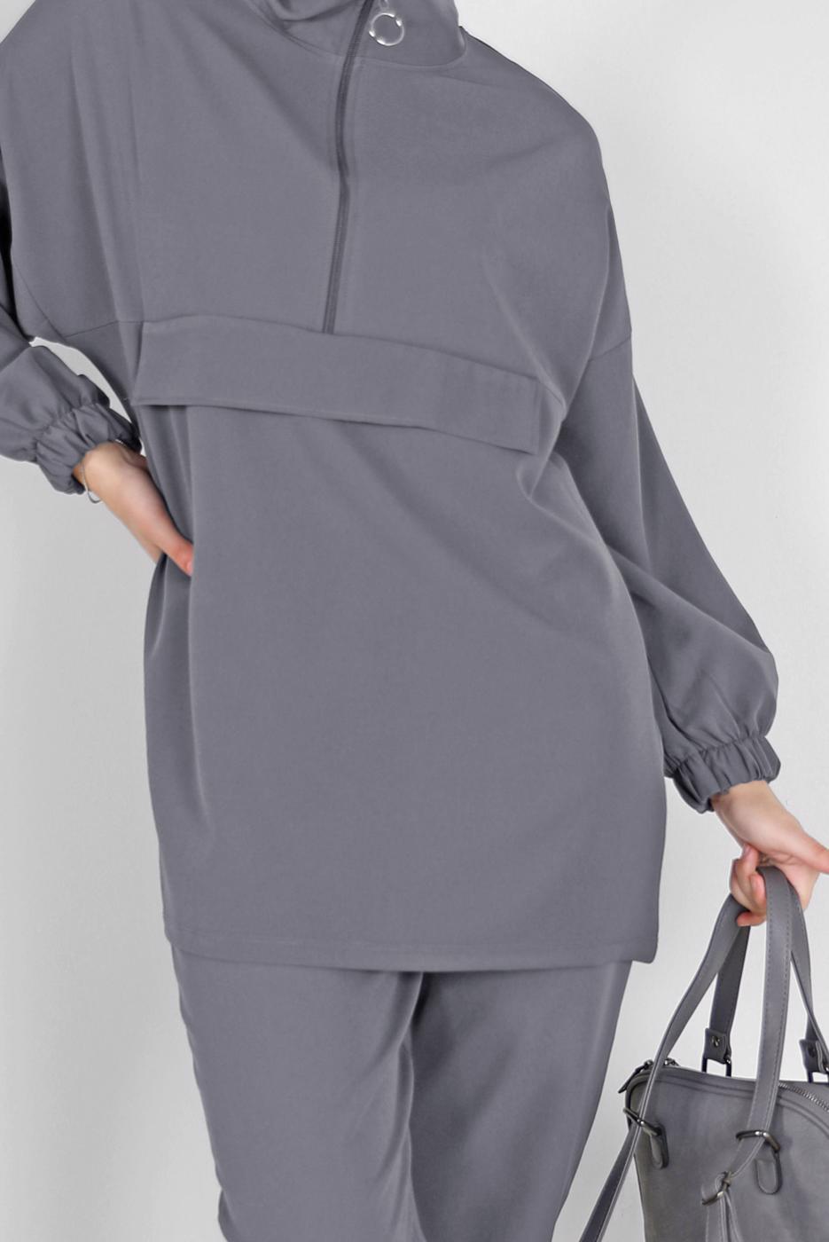 Tesettür giyim GRİ MANŞETLERİ LASTİKLİ FERMUARLI İKİLİ PANT. TAKIM 6020 