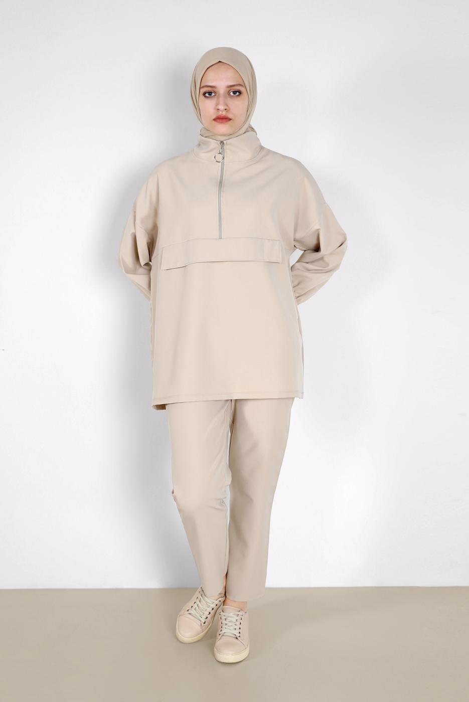 Tesettür giyim BEJ MANŞETLERİ LASTİKLİ FERMUARLI İKİLİ PANT. TAKIM 6020 