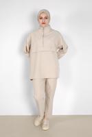 Tesettür giyim BEJ MANŞETLERİ LASTİKLİ FERMUARLI İKİLİ PANT. TAKIM 6020 