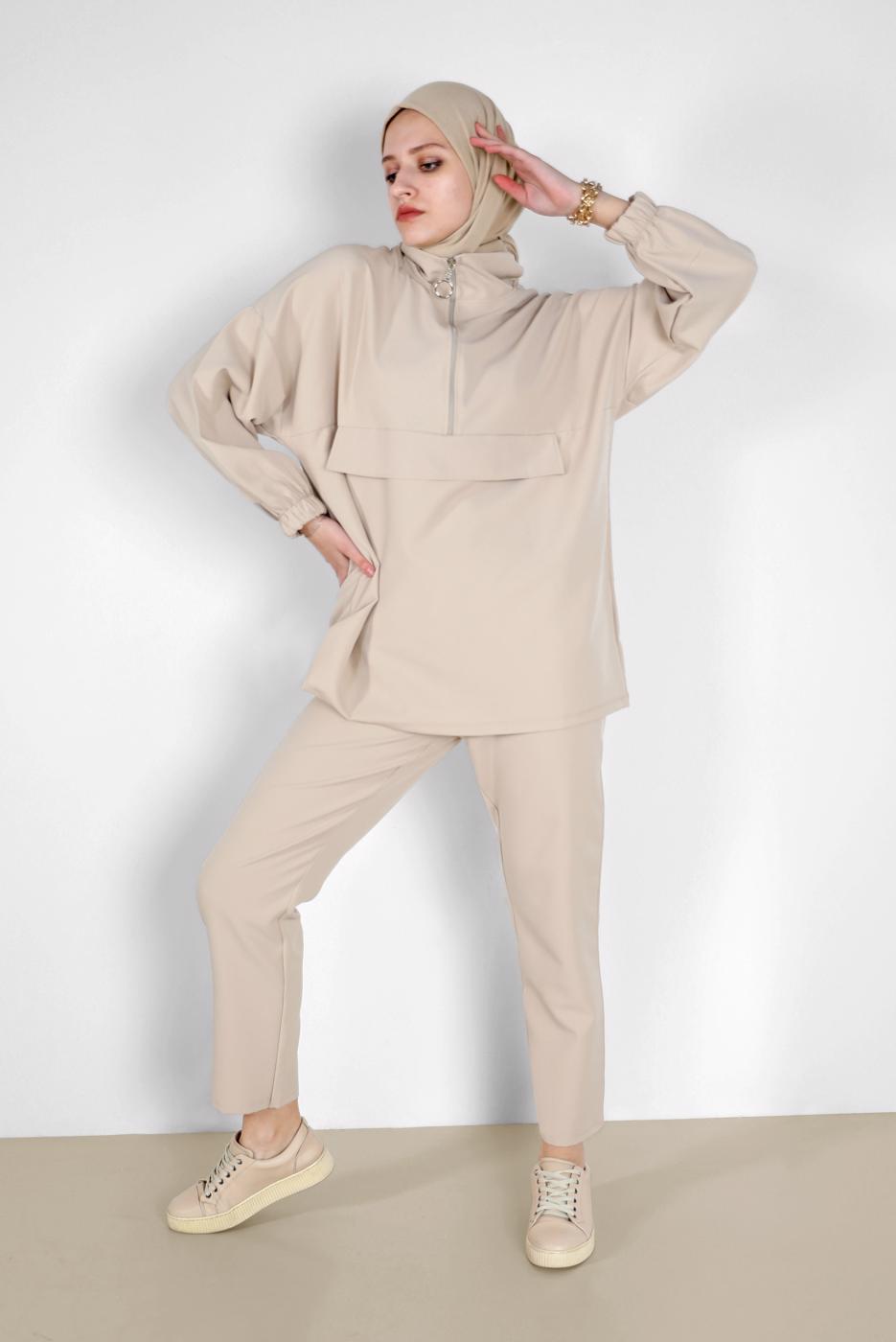 Tesettür giyim BEJ MANŞETLERİ LASTİKLİ FERMUARLI İKİLİ PANT. TAKIM 6020 