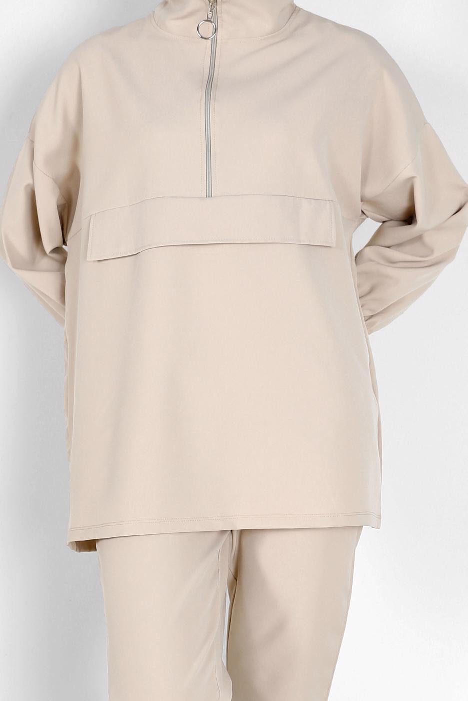 Tesettür giyim BEJ MANŞETLERİ LASTİKLİ FERMUARLI İKİLİ PANT. TAKIM 6020 