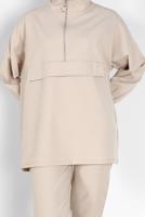 Tesettür giyim BEJ MANŞETLERİ LASTİKLİ FERMUARLI İKİLİ PANT. TAKIM 6020 