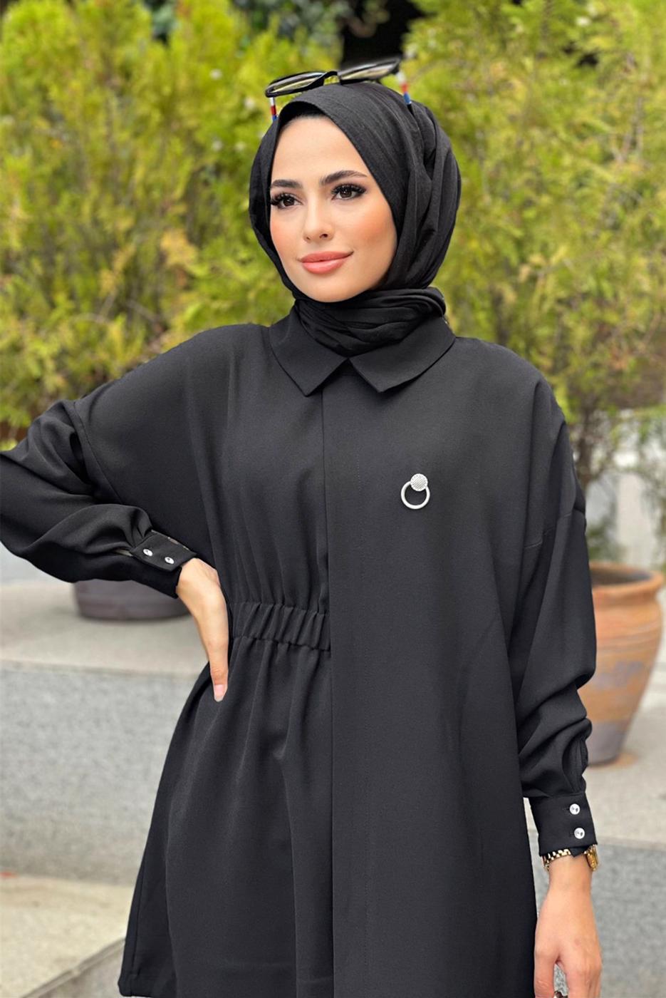 Tesettür giyim SİYAH ASİMETRİK KESİM İKİLİ PANT. TAKIM 6120