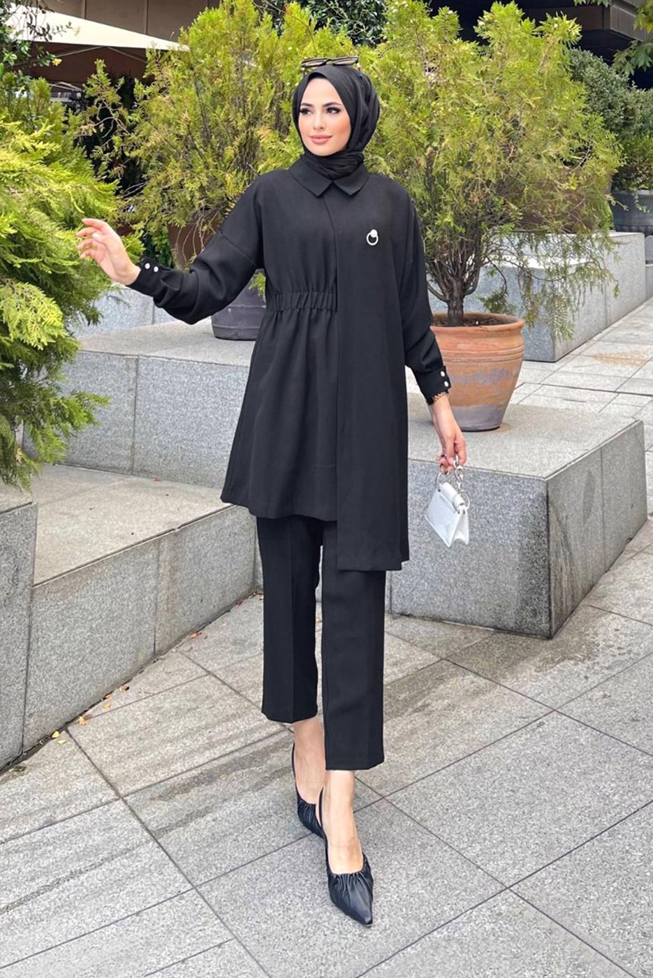 Tesettür giyim SİYAH ASİMETRİK KESİM İKİLİ PANT. TAKIM 6120