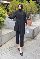 Tesettür giyim SİYAH ASİMETRİK KESİM İKİLİ PANT. TAKIM 6120