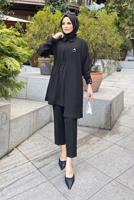 Tesettür giyim SİYAH ASİMETRİK KESİM İKİLİ PANT. TAKIM 6120