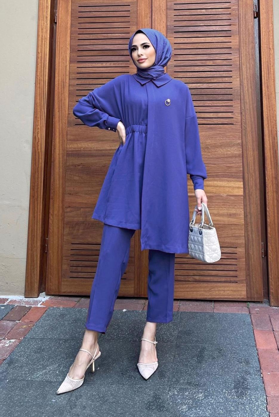 Tesettür giyim LACİVERT ASİMETRİK KESİM İKİLİ PANT. TAKIM 6120
