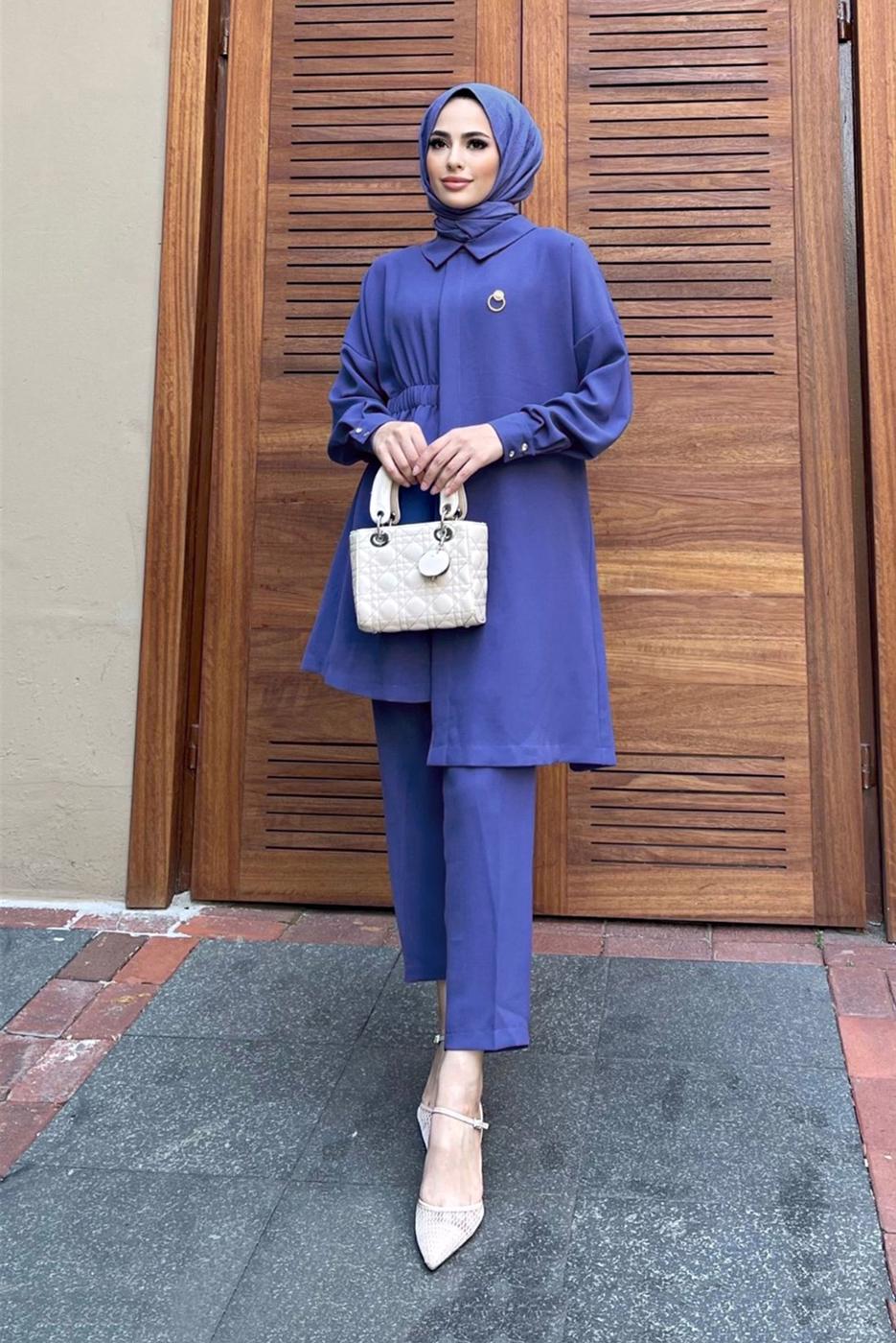 Tesettür giyim LACİVERT ASİMETRİK KESİM İKİLİ PANT. TAKIM 6120