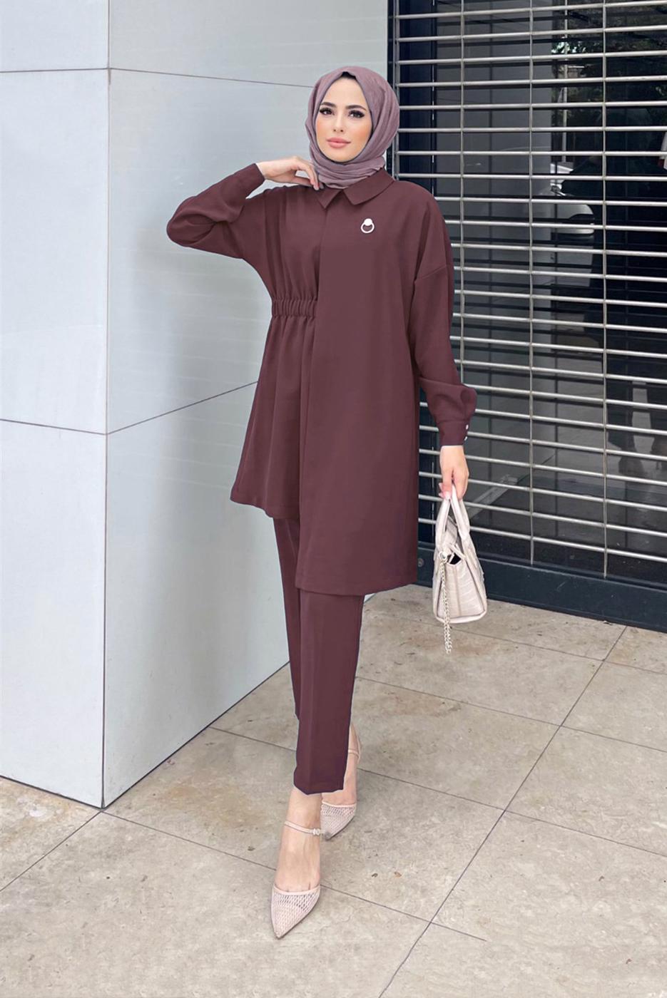 Tesettür giyim PEMBE ASİMETRİK KESİM İKİLİ PANT. TAKIM 6120