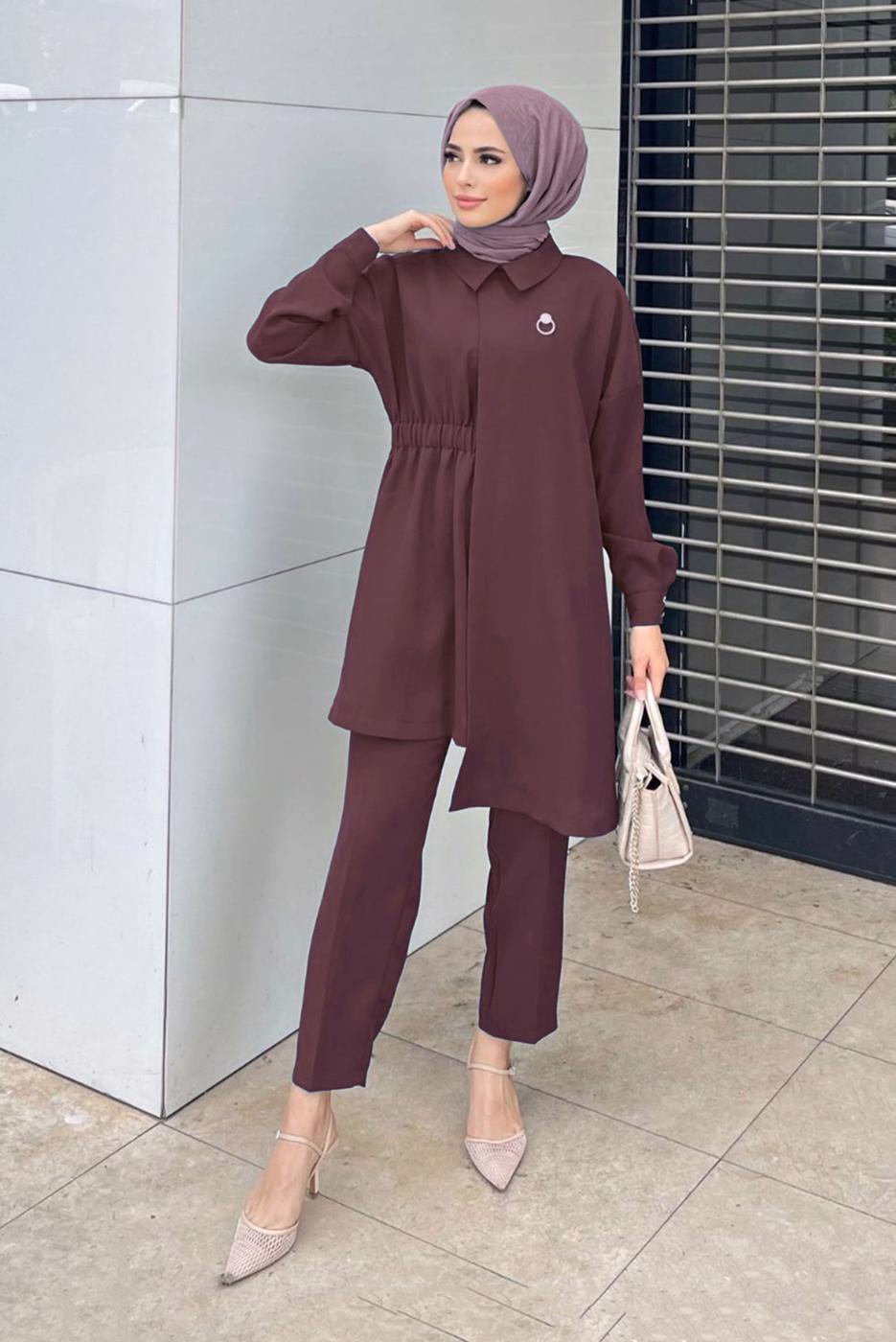 Tesettür giyim PEMBE ASİMETRİK KESİM İKİLİ PANT. TAKIM 6120