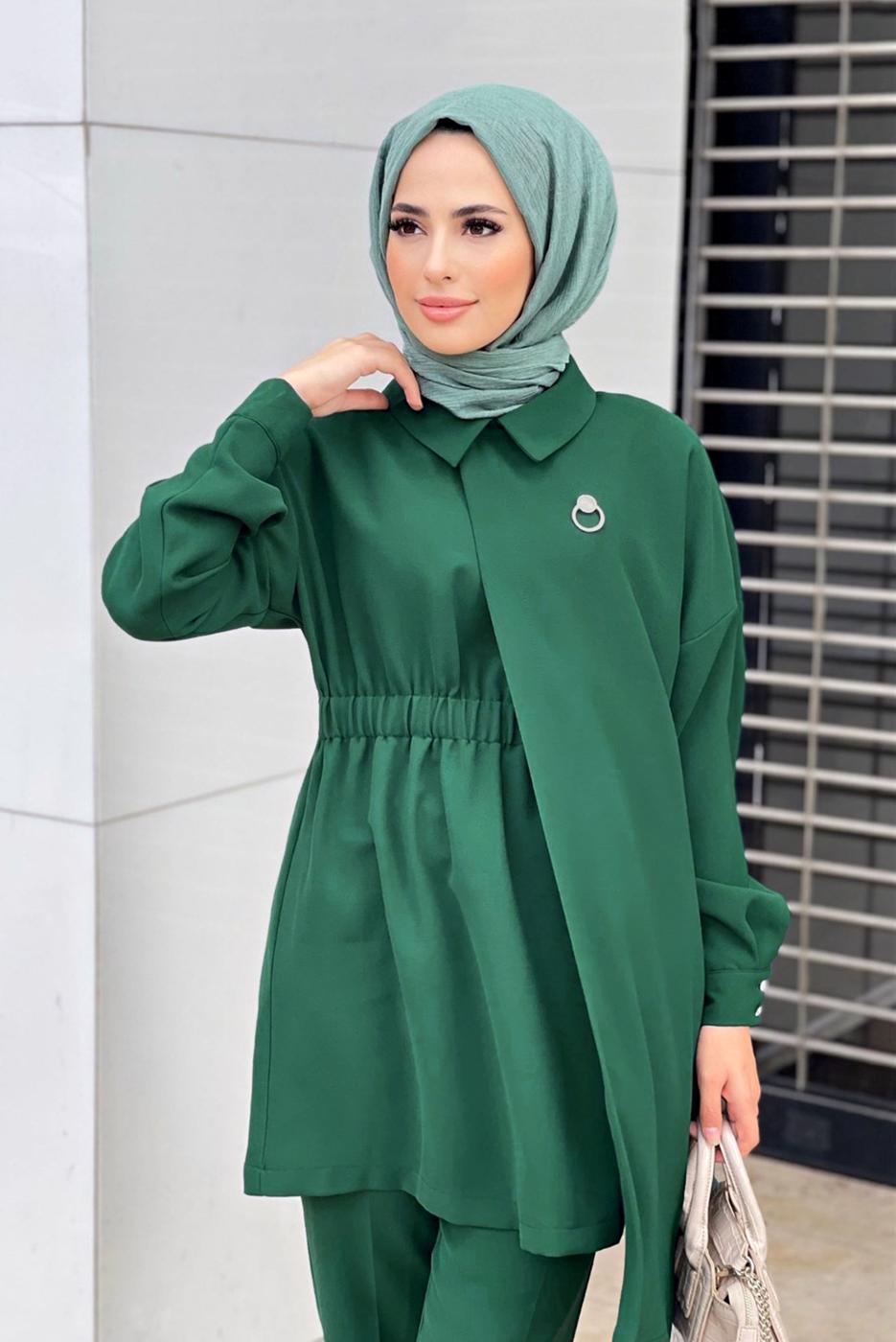 Tesettür giyim YEŞİL ASİMETRİK KESİM İKİLİ PANT. TAKIM 6120