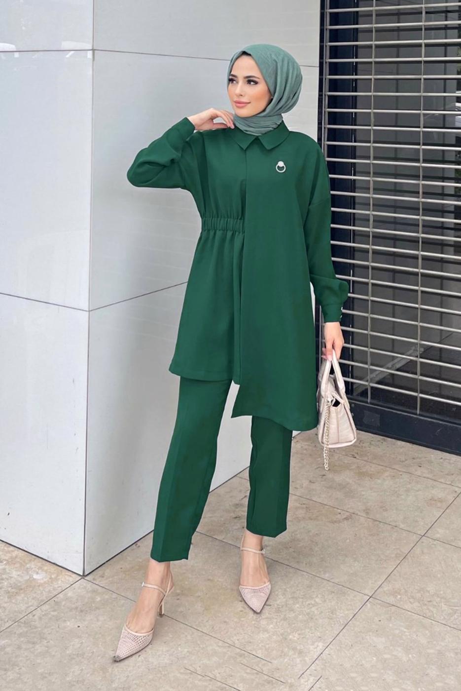 Tesettür giyim YEŞİL ASİMETRİK KESİM İKİLİ PANT. TAKIM 6120