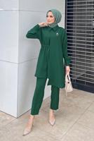 Tesettür giyim YEŞİL ASİMETRİK KESİM İKİLİ PANT. TAKIM 6120