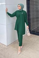 Tesettür giyim YEŞİL ASİMETRİK KESİM İKİLİ PANT. TAKIM 6120