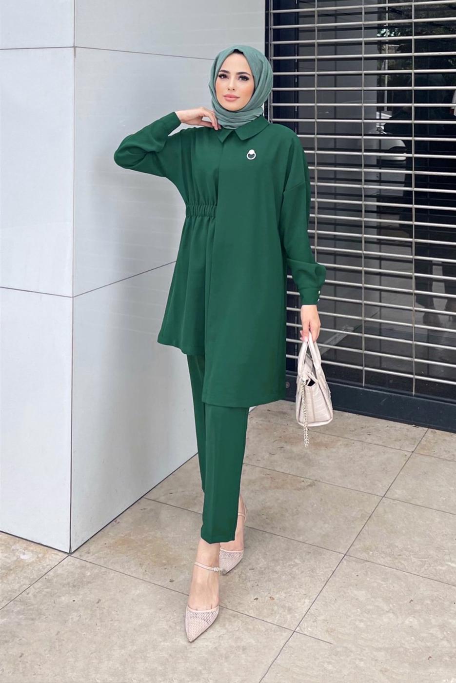Tesettür giyim YEŞİL ASİMETRİK KESİM İKİLİ PANT. TAKIM 6120