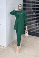 Tesettür giyim YEŞİL ASİMETRİK KESİM İKİLİ PANT. TAKIM 6120