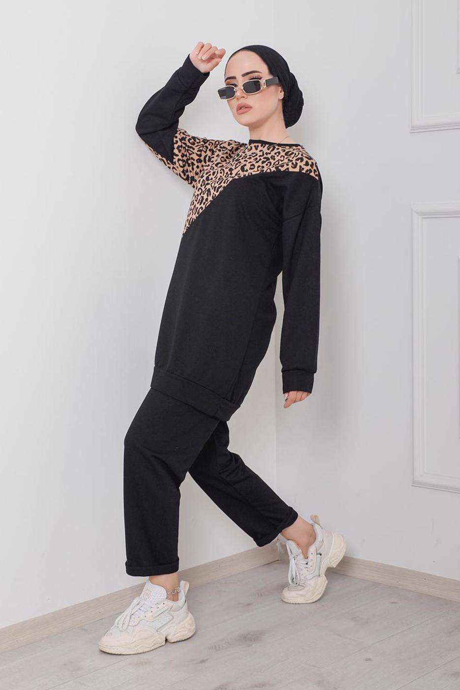 Tesettür giyim SİYAH LEOPAR DESEN DETAYLI İKİLİ PANT. TAKIM 6386 