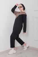 Tesettür giyim SİYAH LEOPAR DESEN DETAYLI İKİLİ PANT. TAKIM 6386 