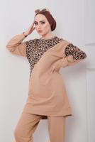 Tesettür giyim KAHVE LEOPAR DESEN DETAYLI İKİLİ PANT. TAKIM 6386 