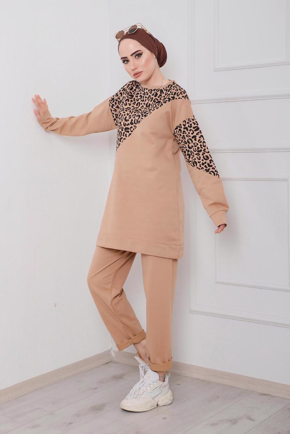 Tesettür giyim KAHVE LEOPAR DESEN DETAYLI İKİLİ PANT. TAKIM 6386 